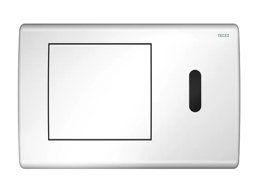 TECE-WC-Elektronik mit IR-Sensor in glänzendem Weiß. Das Produkt zeigt eine flache Oberfläche mit Sensorbereich und einer klaren, einfachen Gestaltung.
